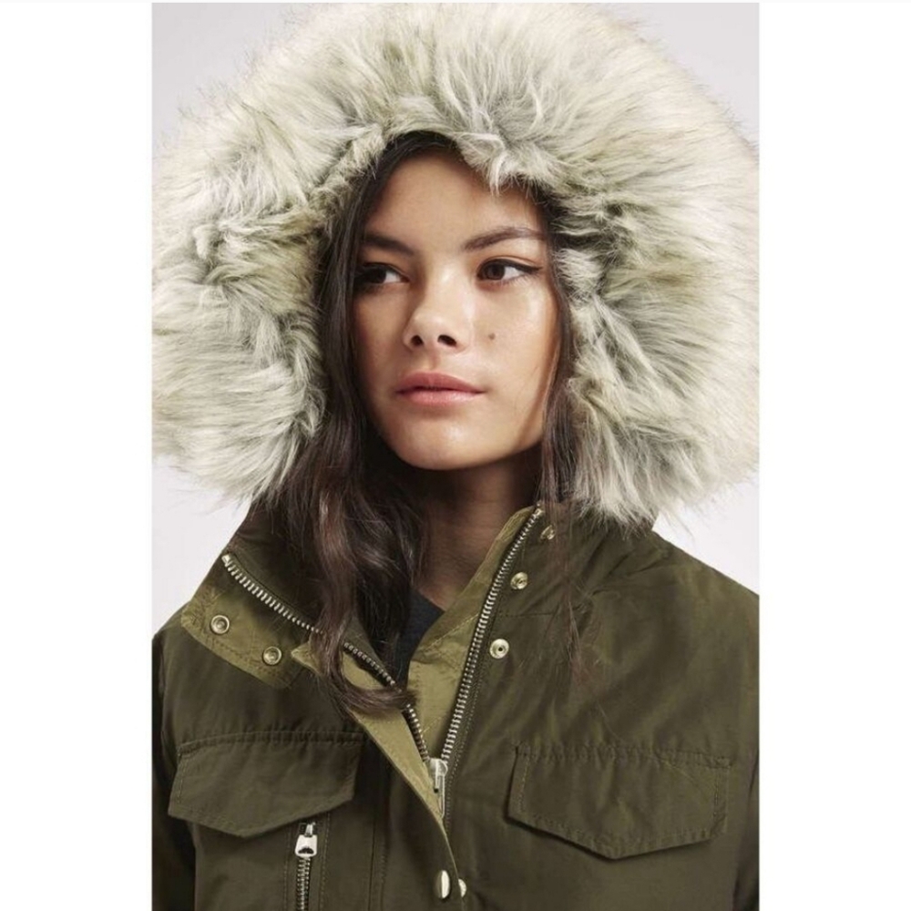 TopShop Jaxson Olive Green Faux Fur Hooded Lined Anorak Peacoat Jacket US Size 2